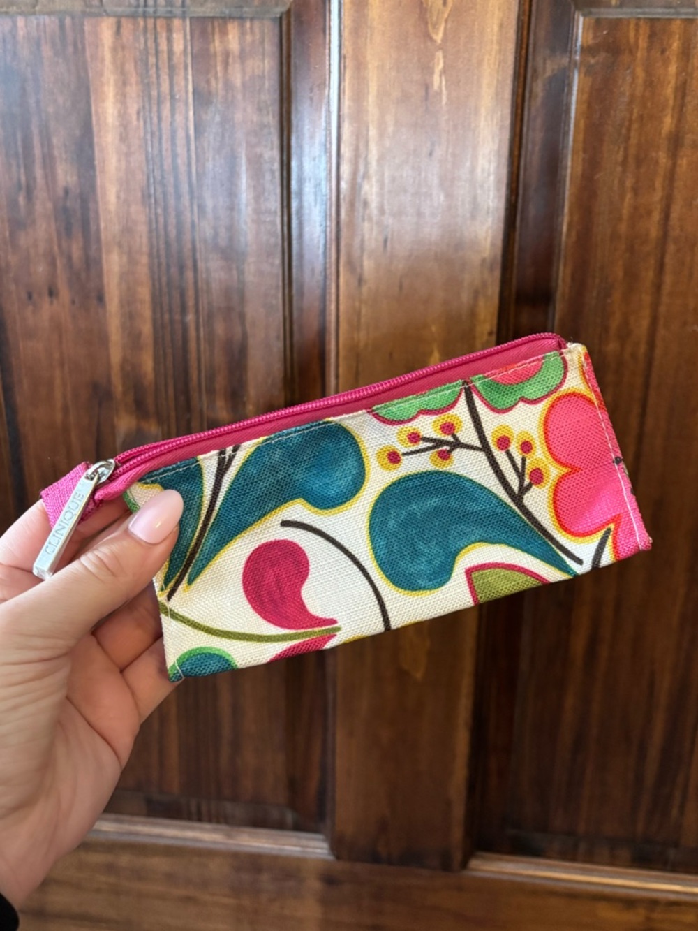 Small Clinique Pink Trim Floral Print Canvas Pouch
